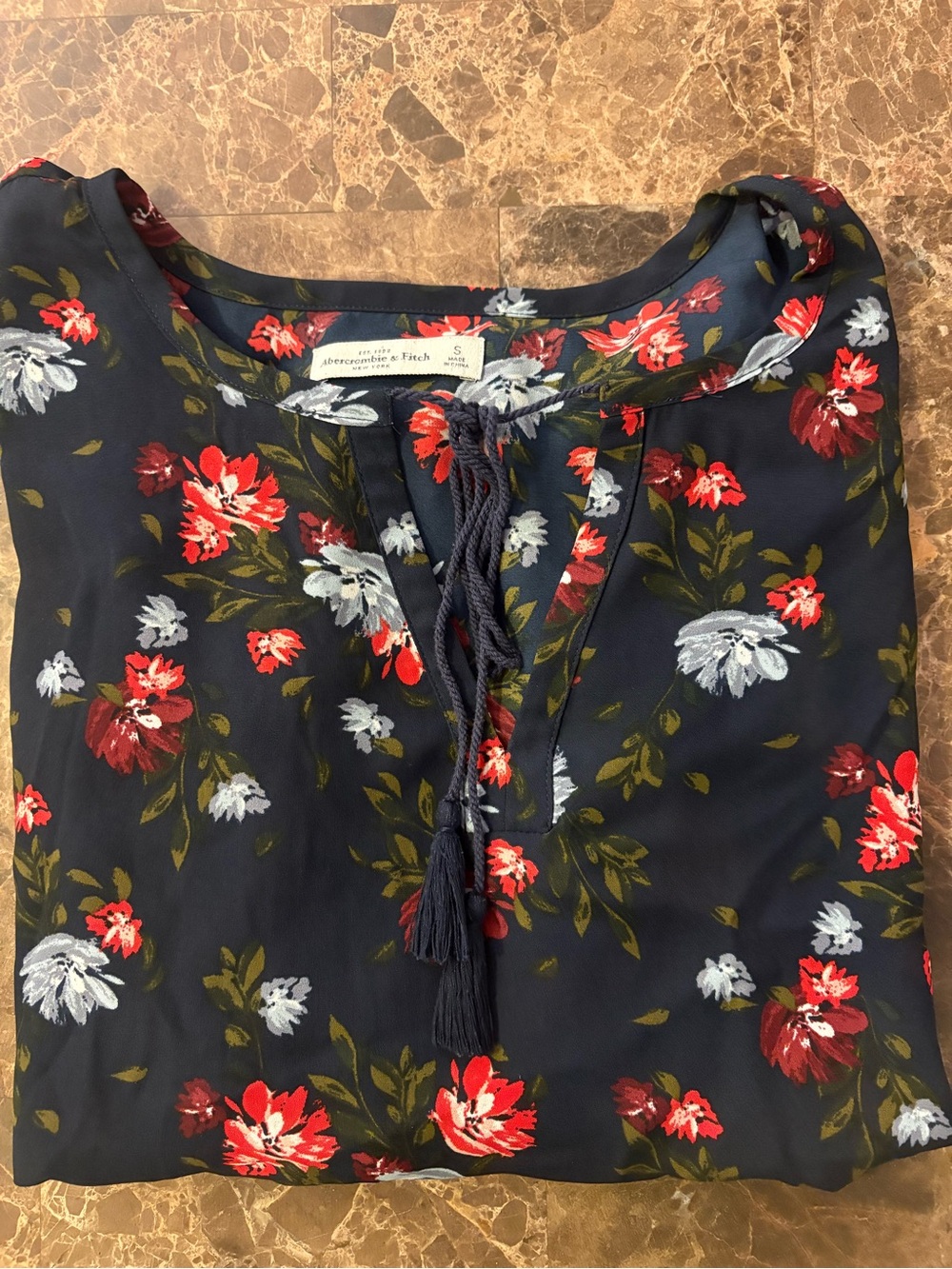 Abercrombie & Fitch Navy Floral Tassel Tie Blouse